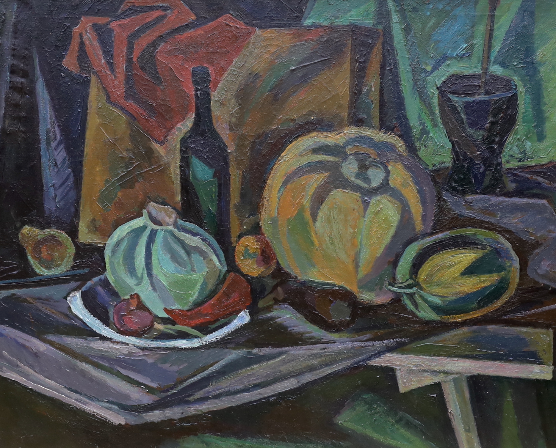 Impasto oil on canvas, Still life of vessels and vegetables, inscribed in cyrillic verso, 96 x 118cm